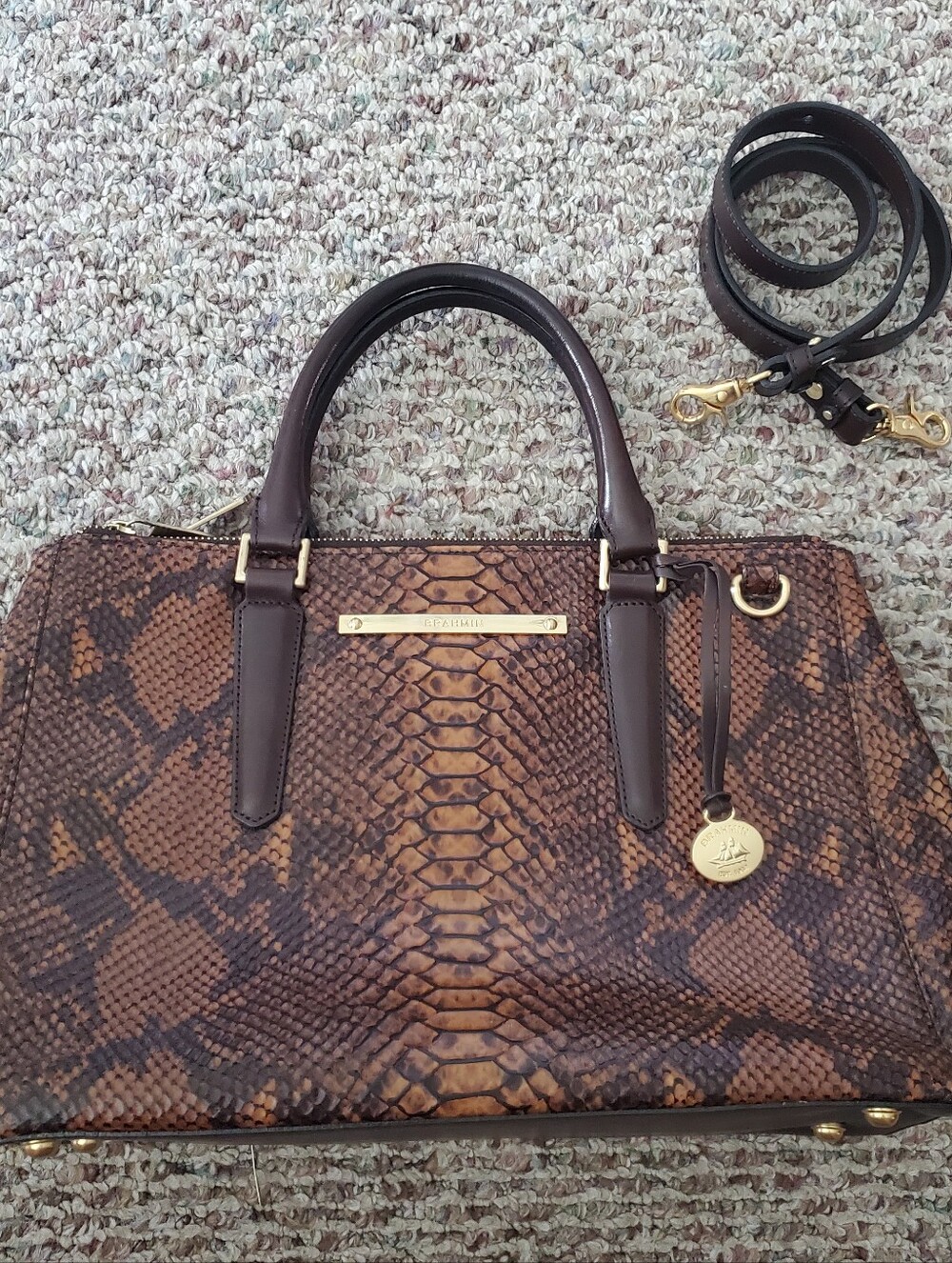Brahmin Brown Snake-Print Satchel with Crossbody Strap. Limited Edition